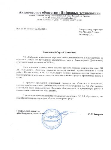 ЦТ Отзыв отзыв о работе АО АК «Арт-Аудит»